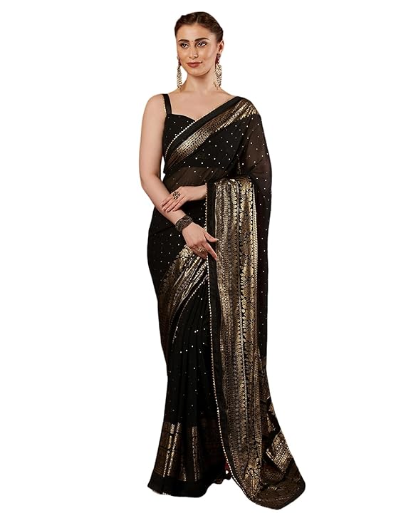 weyora Women's Georgette Saree with Elegant Foil Print, Lace Detailing & Unstitched Blouse Piece