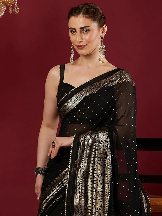 weyora Women's Georgette Saree with Elegant Foil Print, Lace Detailing & Unstitched Blouse Piece