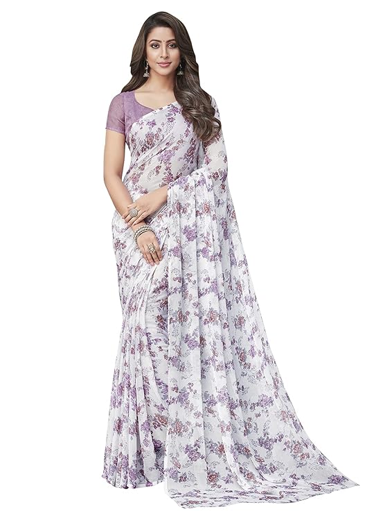 Weyora Women's Elegant Floral Printed Georgette Saree with Unstitched Matching Blouse Piece