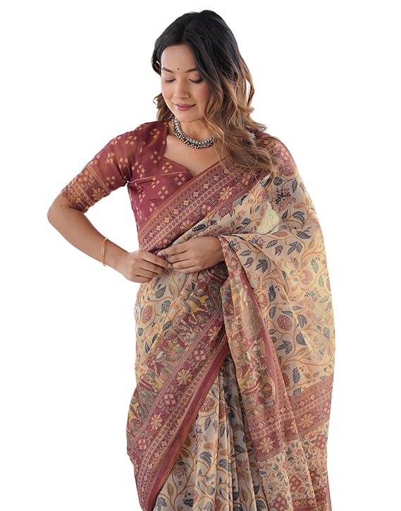Women's Cotton Linen Printed Handloom Saree with Unstitched Blouse Piece for Elegant Look