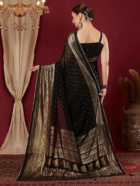 weyora Women's Georgette Saree with Elegant Foil Print, Lace Detailing & Unstitched Blouse Piece