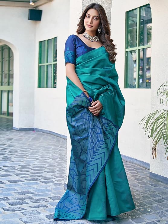 SAVIRA Women's Banarasi Silk Jacquard Saree with Unstitched Matching Blouse Piece for Festive Wear