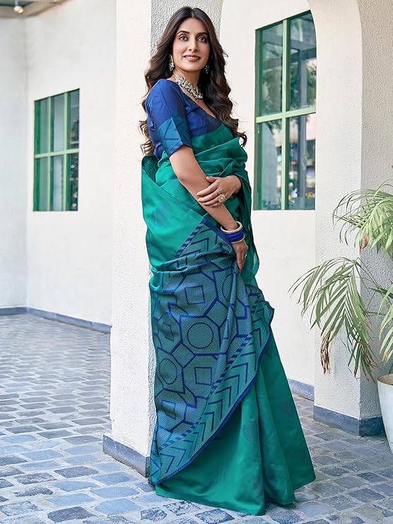 SAVIRA Women's Banarasi Silk Jacquard Saree with Unstitched Matching Blouse Piece for Festive Wear