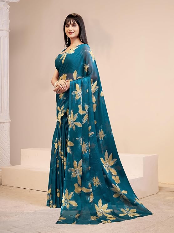 Grace Viona Women’s Elegant Floral Print Nara Chiffon Saree – Lightweight & Stylish Saree 59599