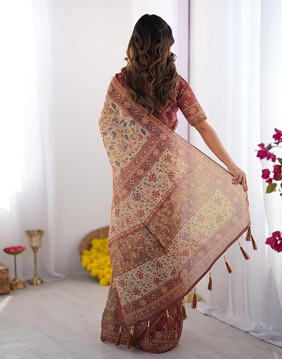 Women's Cotton Linen Printed Handloom Saree with Unstitched Blouse Piece for Elegant Look