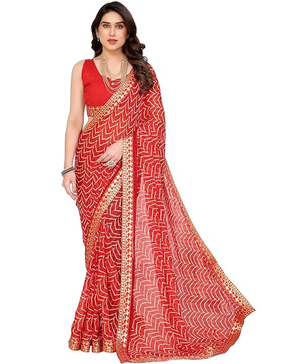 Yarona Women's Georgette Saree with Elegant Prints, Lace Border Detailing and Matching Blouse Fabric