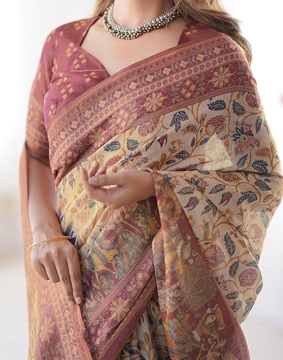 Women's Cotton Linen Printed Handloom Saree with Unstitched Blouse Piece for Elegant Look