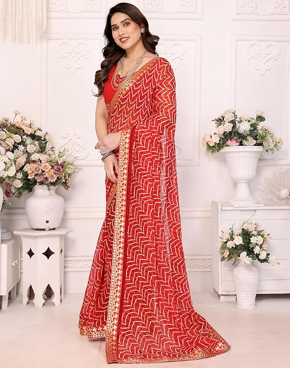 Yarona Women's Georgette Saree with Elegant Prints, Lace Border Detailing and Matching Blouse Fabric