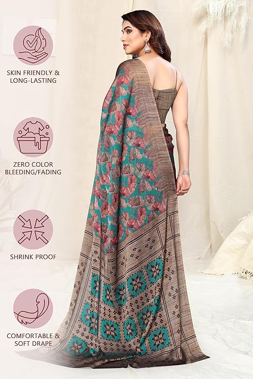 Mystique Flair Women's Designer Chiffon Saree with Elegant Floral Prints and Matching Blouse Piece