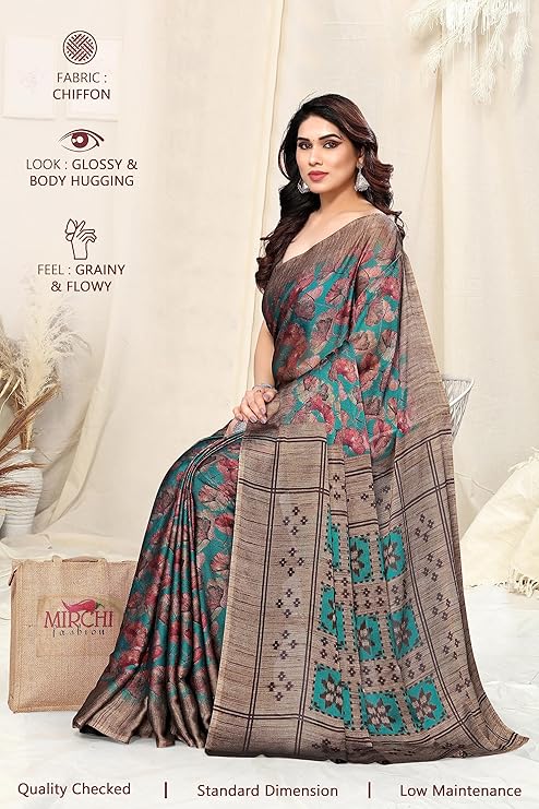 Mystique Flair Women's Designer Chiffon Saree with Elegant Floral Prints and Matching Blouse Piece