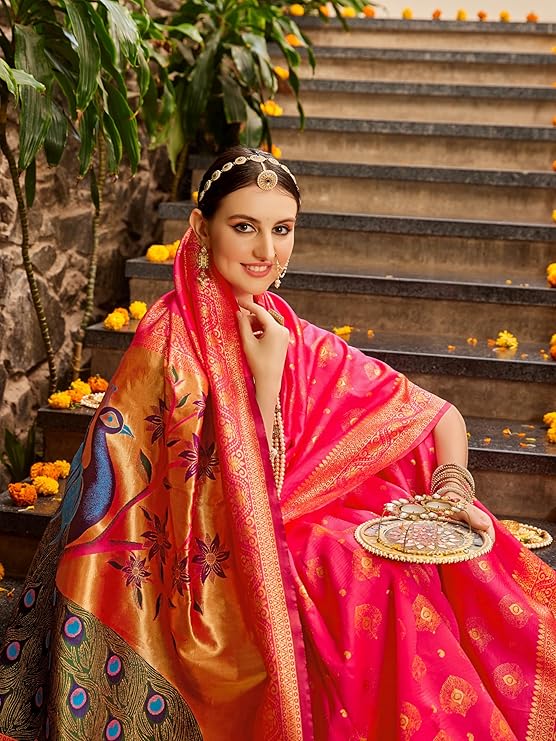 Eleganzia Women's Paithani Silk Blend Woven Saree with Matching Blouse Piece for Traditional Wear