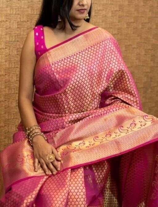 SAREVIA Women's Kanjivaram Soft Silk Saree with Matching Blouse Piece for Elegant Traditional Wear