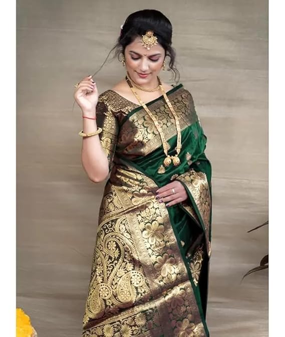 Cresora Junction Women's Pure Kanjivaram Silk Saree in Soft Banarasi Style for Wedding with Blouse Piece