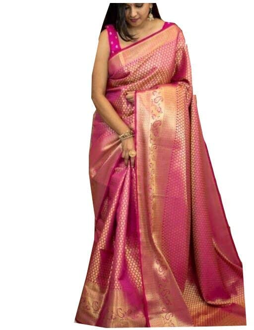 SAREVIA Women's Kanjivaram Soft Silk Saree with Matching Blouse Piece for Elegant Traditional Wear