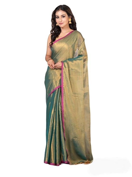 Selvaya Women's Tissue Cotton Saree with Tassel Pallu, Plain Borderless Design, Soft Lightweight Saree with Matching Blouse Piece for Festive & Casual Wear