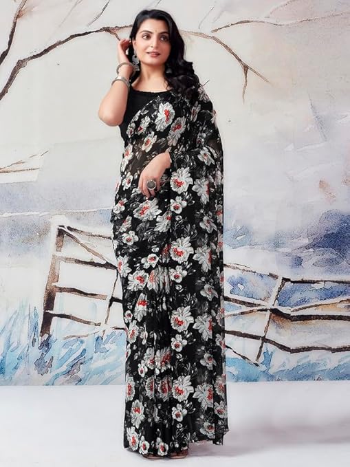 Serenya Women's Georgette Printed Satin Patta Saree with Elegant Design and Unstitched Blouse Piece