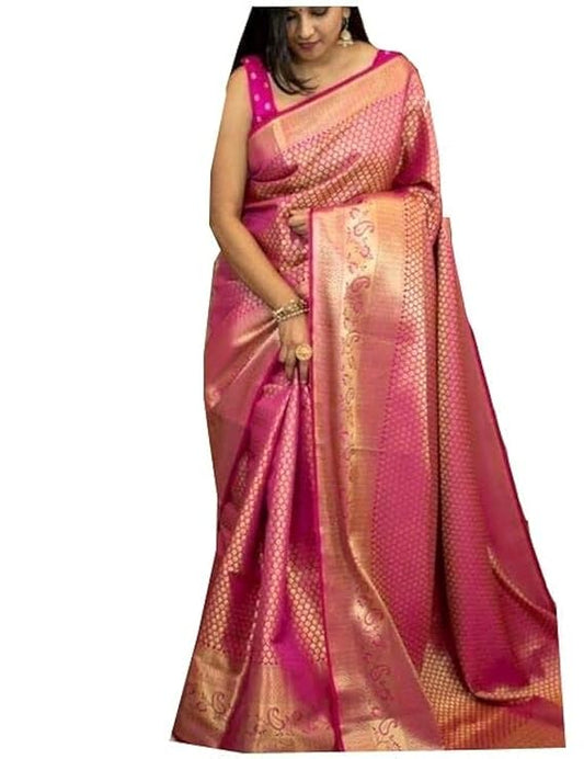 SAREVIA Women's Kanjivaram Soft Silk Saree with Matching Blouse Piece for Elegant Traditional Wear