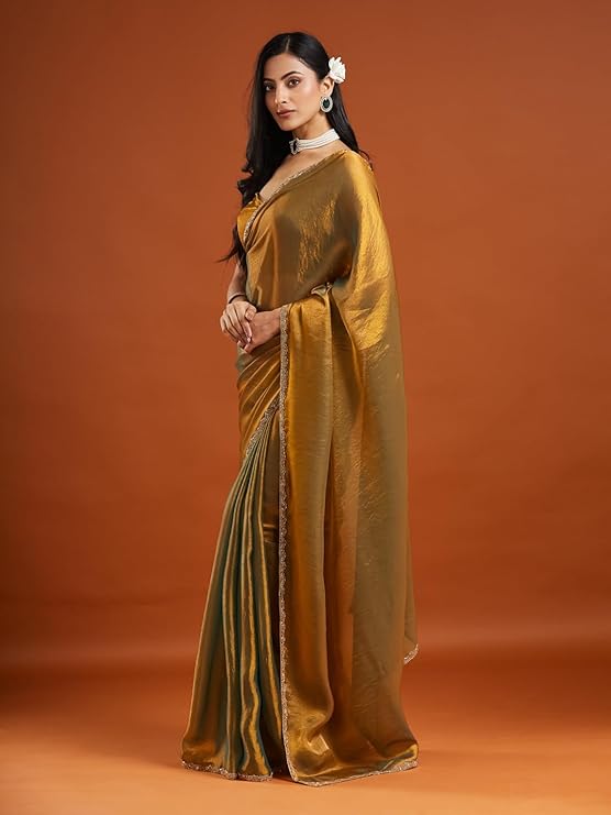 LUNORIA Women's Elegant Chiffon Two Tone Saree with Matching Blouse Piece for Party & Festive Wear