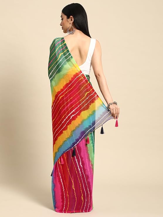 RIVERA STYLE Women's Chiffon Lehriya Printed Saree Without Blouse Piece, Elegant Multi-Color Design