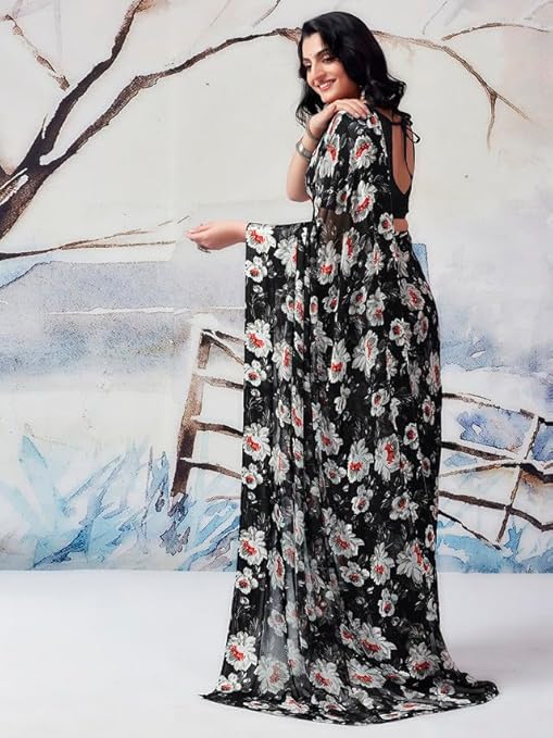 Serenya Women's Georgette Printed Satin Patta Saree with Elegant Design and Unstitched Blouse Piece