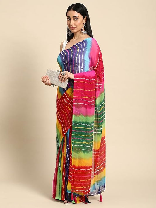RIVERA STYLE Women's Chiffon Lehriya Printed Saree Without Blouse Piece, Elegant Multi-Color Design