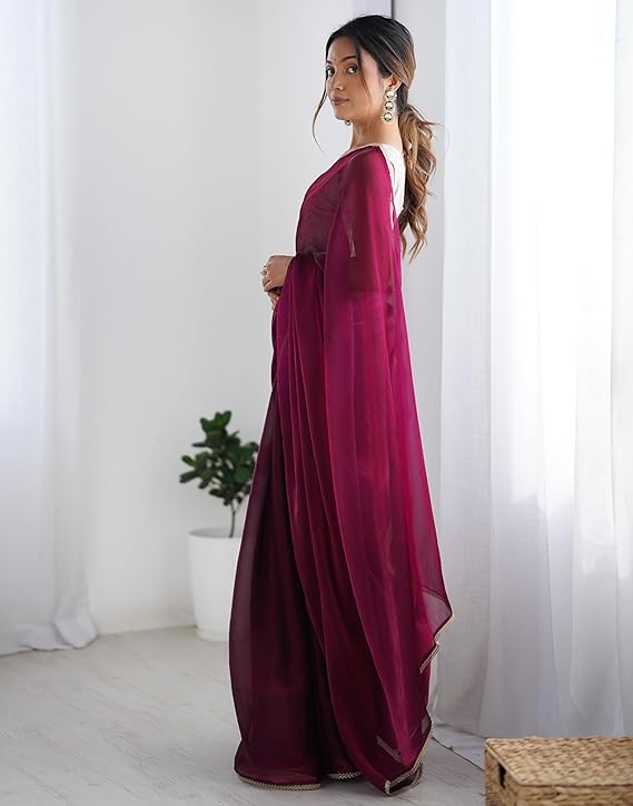 SARONA Women's Shimmer Chiffon Saree with Elegant Lace Border and Unstitched Matching Blouse Piece