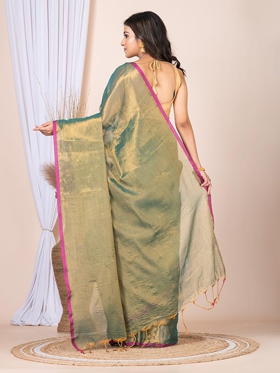 Selvaya Women's Tissue Cotton Saree with Tassel Pallu, Plain Borderless Design, Soft Lightweight Saree with Matching Blouse Piece for Festive & Casual Wear