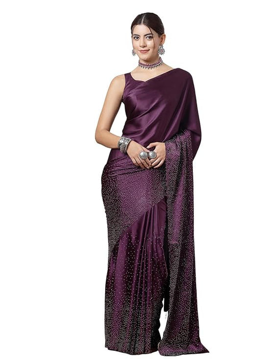 SERONA Women's Satin Silk Saree with Elegant Hot Fix Stone Work and Unstitched Matching Blouse Piece