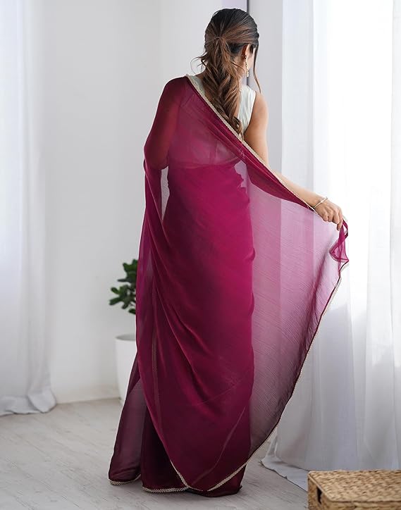SARONA Women's Shimmer Chiffon Saree with Elegant Lace Border and Unstitched Matching Blouse Piece