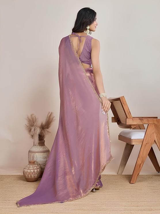 Silviera Women's Elegant Zimmy Choo Fandy Silk Saree with Handwork Lace Border & Unstitched Blouse
