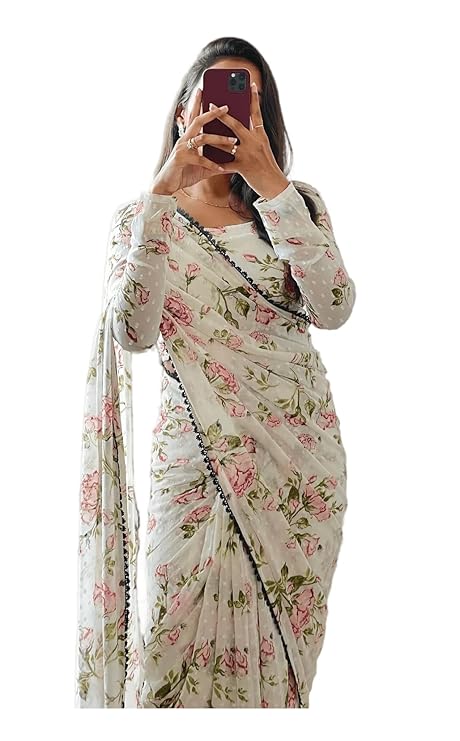 Silvoria Women's Georgette Digital Printed Ready-to-Wear One Minute Saree with Unstitched Blouse Piece
