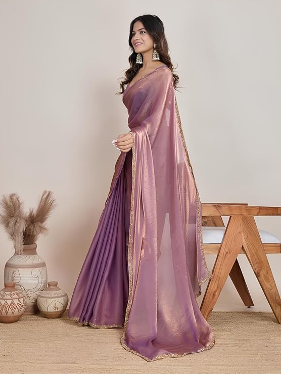 Silviera Women's Elegant Zimmy Choo Fandy Silk Saree with Handwork Lace Border & Unstitched Blouse