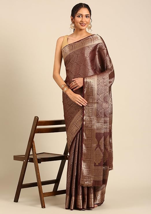 TAVIRA Brocade Crepe Saree in Nylon-Blend with Elegant Leaf Design, 4″ Border, Coordinated Pallu & Blouse