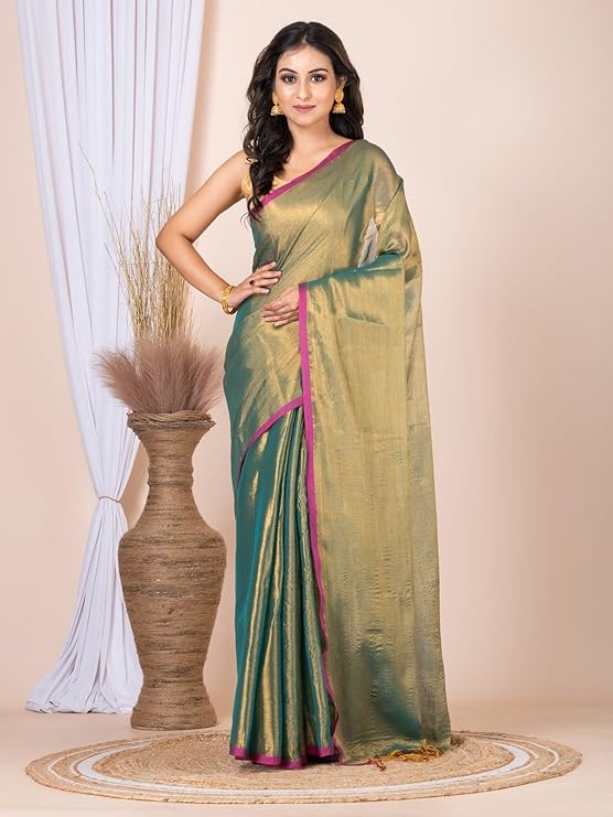 Selvaya Women's Tissue Cotton Saree with Tassel Pallu, Plain Borderless Design, Soft Lightweight Saree with Matching Blouse Piece for Festive & Casual Wear