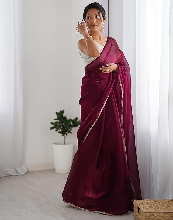 SARONA Women's Shimmer Chiffon Saree with Elegant Lace Border and Unstitched Matching Blouse Piece