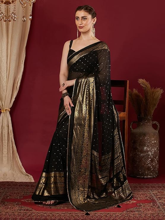 weyora Women's Georgette Saree with Elegant Foil Print, Lace Detailing & Unstitched Blouse Piece