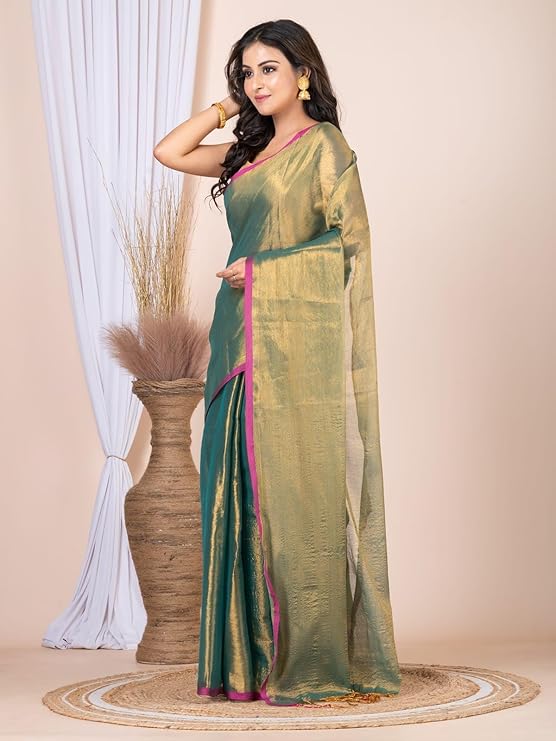 Selvaya Women's Tissue Cotton Saree with Tassel Pallu, Plain Borderless Design, Soft Lightweight Saree with Matching Blouse Piece for Festive & Casual Wear