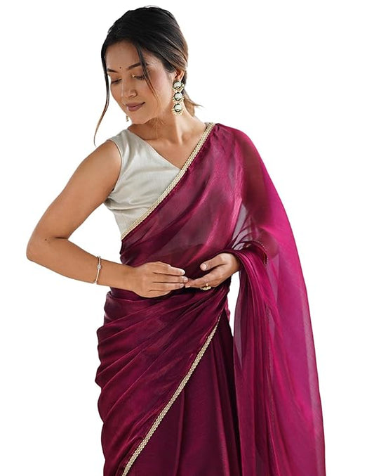 SARONA Women's Shimmer Chiffon Saree with Elegant Lace Border and Unstitched Matching Blouse Piece