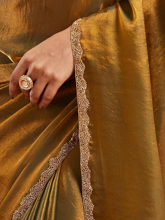 LUNORIA Women's Elegant Chiffon Two Tone Saree with Matching Blouse Piece for Party & Festive Wear