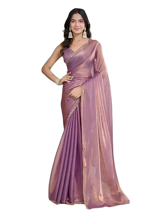 Silviera Women's Elegant Zimmy Choo Fandy Silk Saree with Handwork Lace Border & Unstitched Blouse