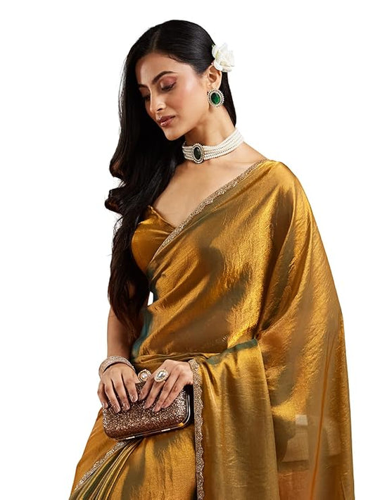 LUNORIA Women's Elegant Chiffon Two Tone Saree with Matching Blouse Piece for Party & Festive Wear