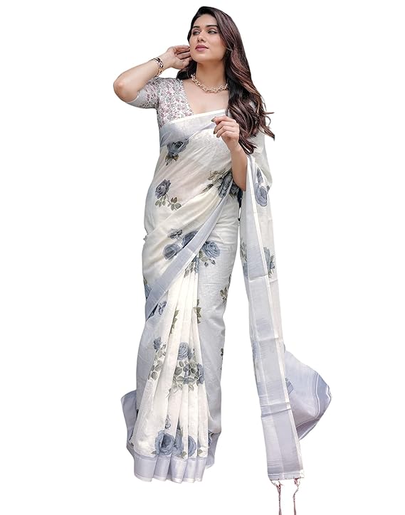 Wensora Women's Cotton Linen Saree with Elegant Printed Design and Unstitched Blouse Piece