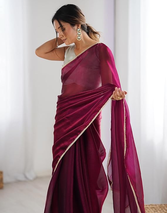 SARONA Women's Shimmer Chiffon Saree with Elegant Lace Border and Unstitched Matching Blouse Piece