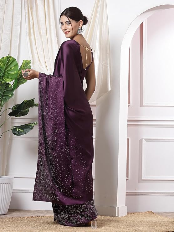 SERONA Women's Satin Silk Saree with Elegant Hot Fix Stone Work and Unstitched Matching Blouse Piece
