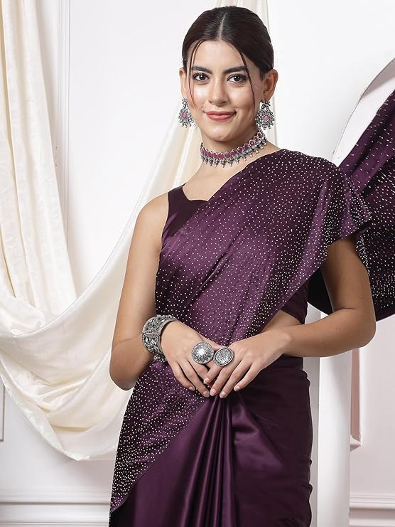 SERONA Women's Satin Silk Saree with Elegant Hot Fix Stone Work and Unstitched Matching Blouse Piece