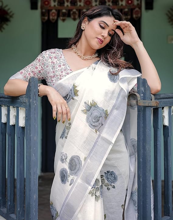 Wensora Women's Cotton Linen Saree with Elegant Printed Design and Unstitched Blouse Piece