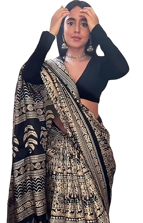 Eleganzia Women's Silk Cotton Saree with Kalamkari Print and Matching Blouse Piece for Elegant Look