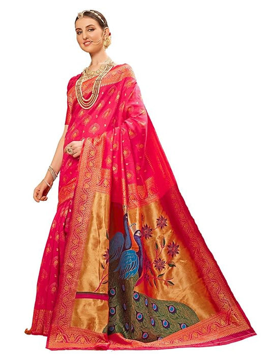Eleganzia Women's Paithani Silk Blend Woven Saree with Matching Blouse Piece for Traditional Wear
