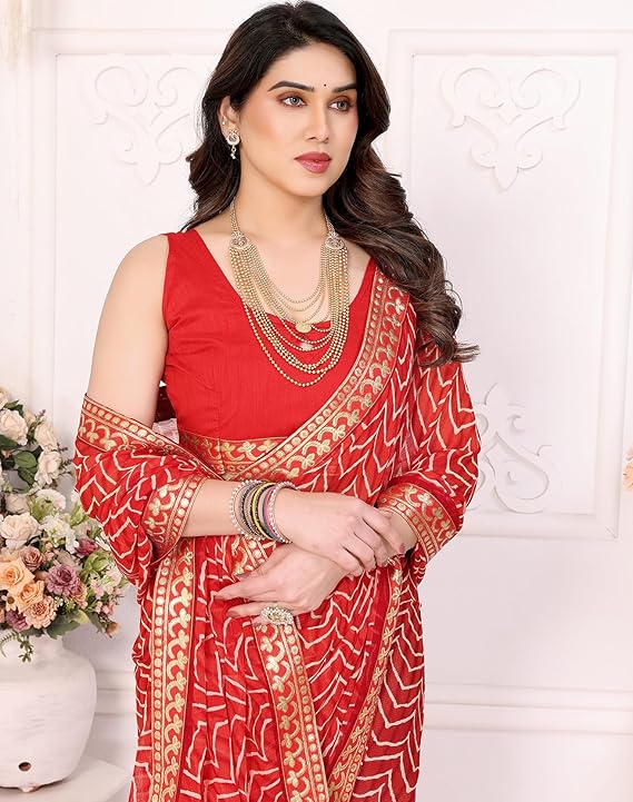 Yarona Women's Georgette Saree with Elegant Prints, Lace Border Detailing and Matching Blouse Fabric