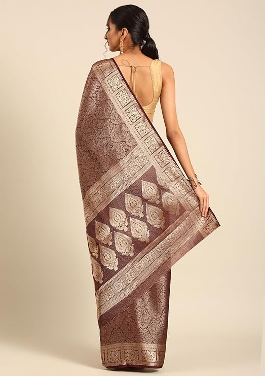 TAVIRA Brocade Crepe Saree in Nylon-Blend with Elegant Leaf Design, 4″ Border, Coordinated Pallu & Blouse